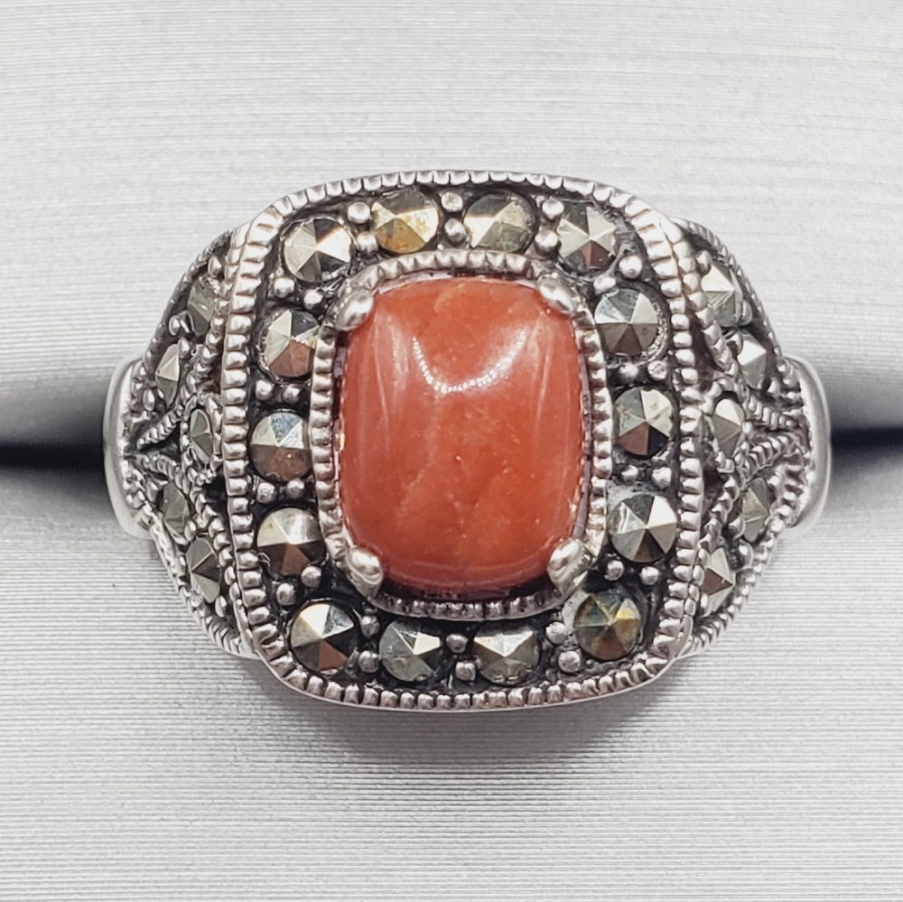 Genuine Coral & Marcasite 925 Sterling Silver Halo Statement Ring